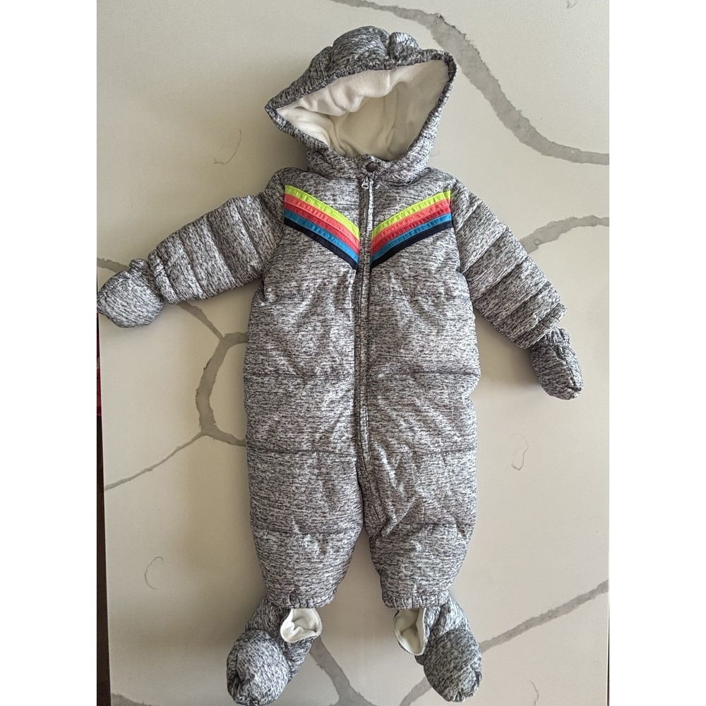 Gymboree Baby Gray Heathered Puffer Snowsuit Chevron Stripe 6-12 Months NWOT
